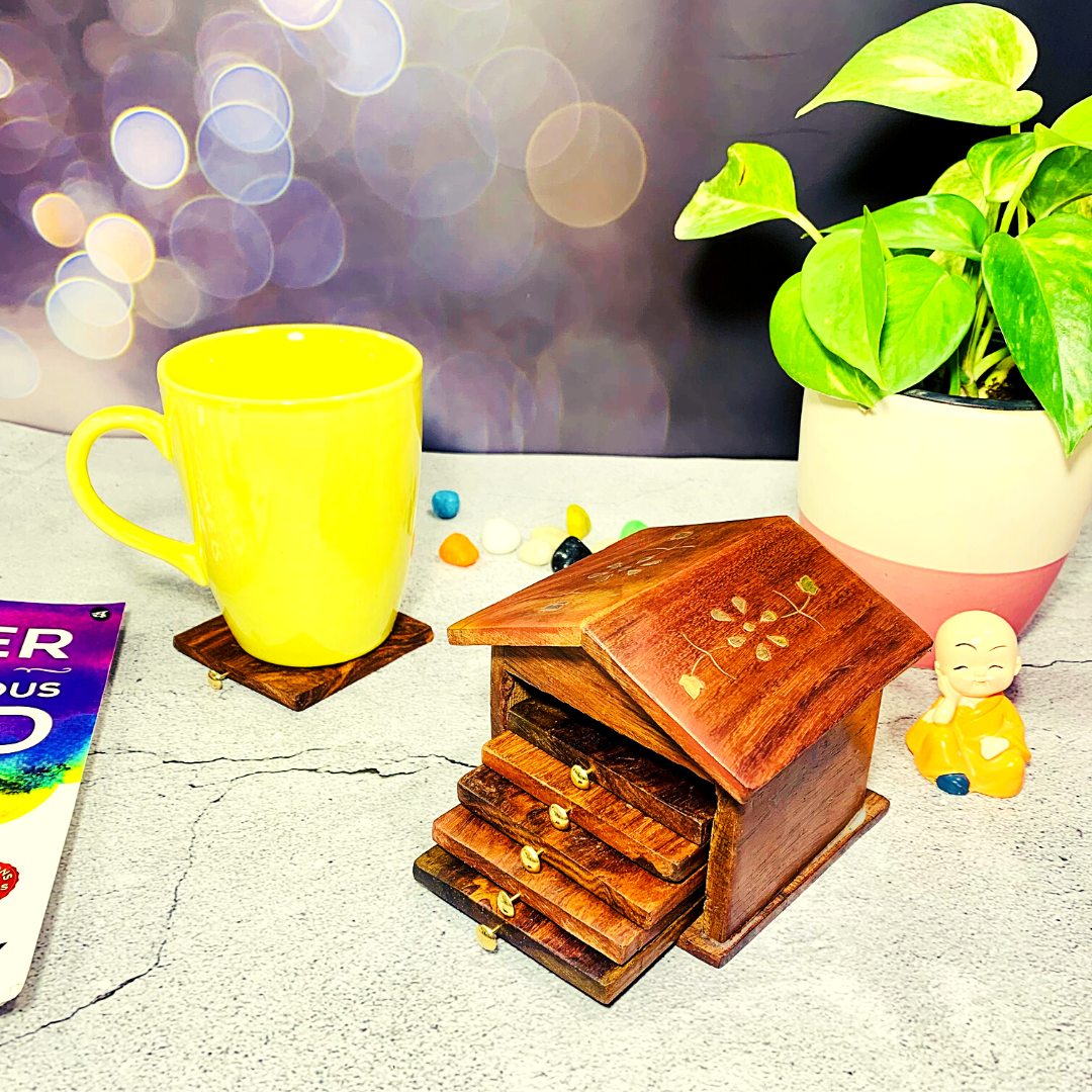 Homefrills Wooden Hut Shape Coaster Set for Tea Cups Coffee Mugs Beer Cans Bar Tumblers and Water Glasses for Kitchen/Dining Table/Office/Restaurant - Handmade Wooden Coasters - Set of 6